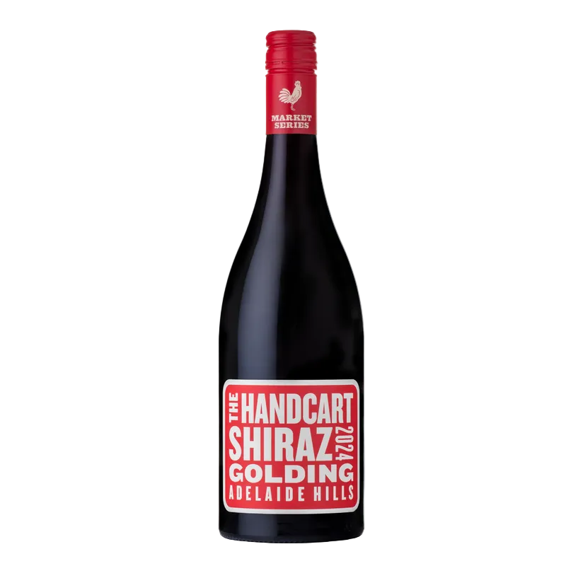 A bottle of Market Series The Handcart Shiraz 70cl from Adelaide Hills, featuring a dark glass bottle with a red neck foil and a red and white label.