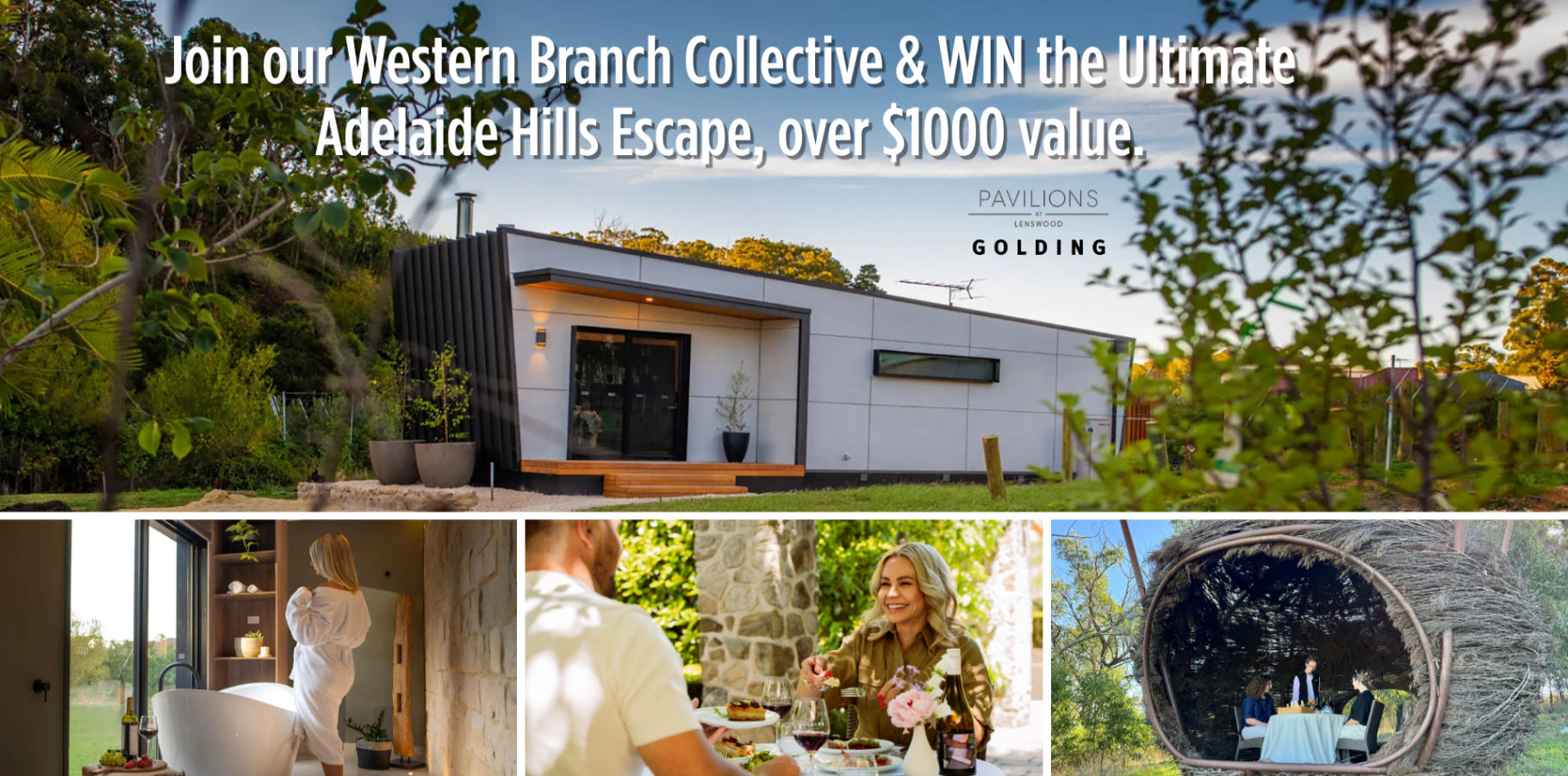 Promotional banner for Pavions Golding featuring a modern white and black lodge surrounded by lush greenery, with text inviting visitors to the Western Branch Collective and an escape in Adelaide Hills. Four smaller lifestyle photos along the bottom show interior and outdoor dining, relaxation, and scenic views.